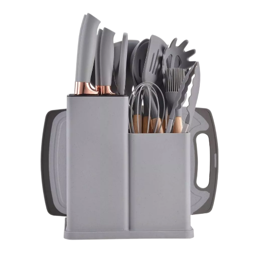 Kit Conjunto 19 Pçs De Utensílios Facas Silicone Cozinha Jogo Completo Batedeira Colher Pegador