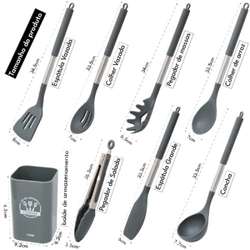 Kit 8 Utensílios de Cozinha de Silicone e Aço Inox Grandes com Balde - Livre de BPA - Original LUMAI
