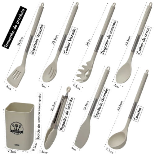 Kit 8 Utensílios de Cozinha de Silicone e Aço Inox Grandes com Balde - Livre de BPA - Original LUMAI
