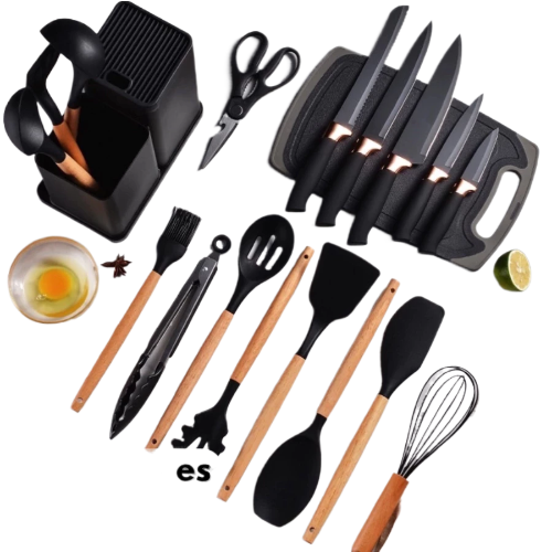 Kit Conjunto 19 Pçs De Utensílios Facas Silicone Cozinha Jogo Completo Batedeira Colher Pegador