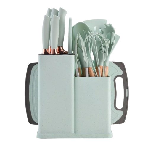 Kit Conjunto 19 Pçs De Utensílios Facas Silicone Cozinha Jogo Completo Batedeira Colher Pegador