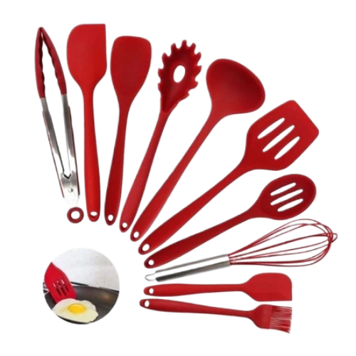 Kit 10 Peças Colheres De Silicone Cabo Inox Utensílios Cozinha ZEMSHOP