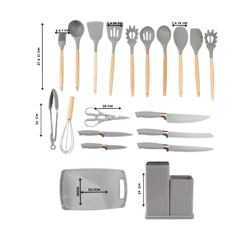 Kit Conjunto 19 Pçs De Utensílios Facas Silicone Cozinha Jogo Completo Batedeira Colher Pegador
