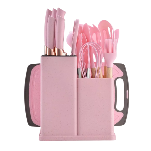 Kit Conjunto 19 Pçs De Utensílios Facas Silicone Cozinha Jogo Completo Batedeira Colher Pegador