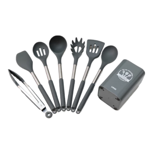 Kit 8 Utensílios de Cozinha de Silicone e Aço Inox Grandes com Balde - Livre de BPA - Original LUMAI
