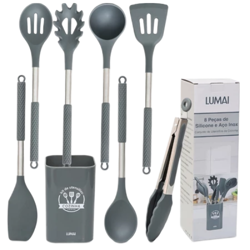 Kit 8 Utensílios de Cozinha de Silicone e Aço Inox Grandes com Balde - Livre de BPA - Original LUMAI